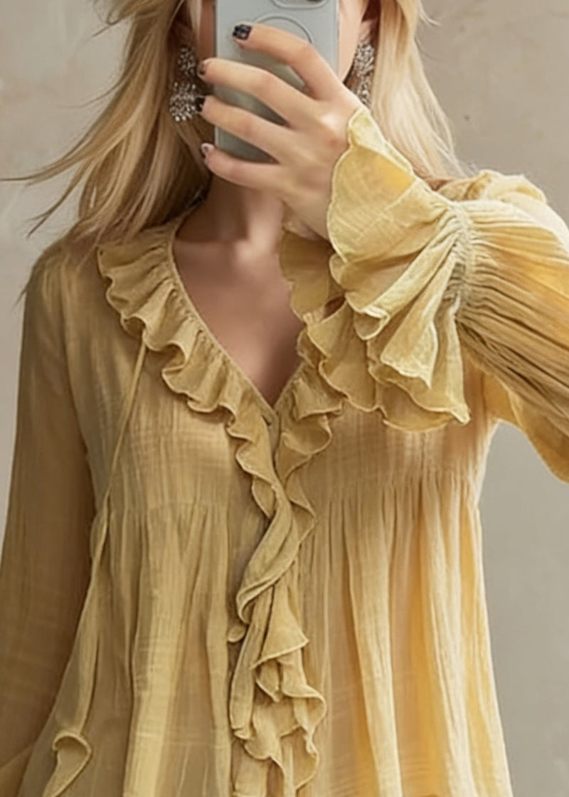 Original Design Yellow Ruffled Lace Up Cotton Blouse Flare Sleeve