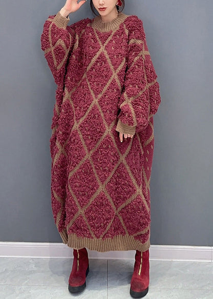 Red O Neck Plaid Patchwork Cotton Knit Dresses Long Sleeve