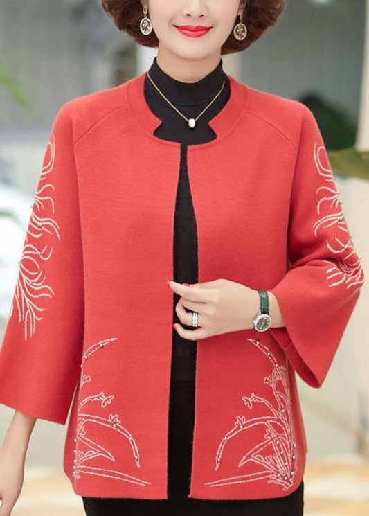Red Print Woolen Cardigans O-neck Oversized Nail Bead Long Sleeve