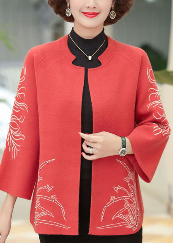 Red Print Woolen Cardigans O-neck Oversized Nail Bead Long Sleeve