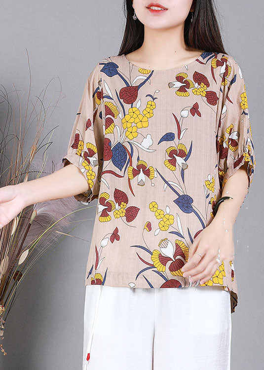 Pink O-neck Print Cotton Tank Top Half Sleeve