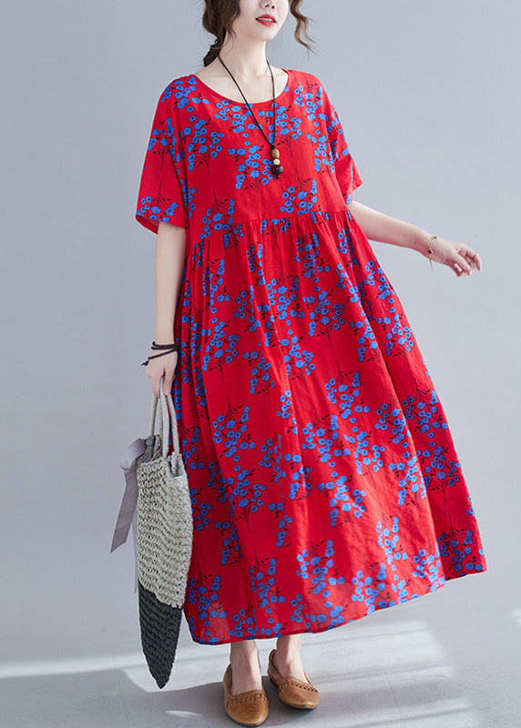 Red Print Patchwork Maxi Dresses Short Sleeve
