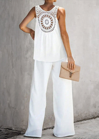 Loose White Hollow Out Cotton Two Pieces Set Sleeveless