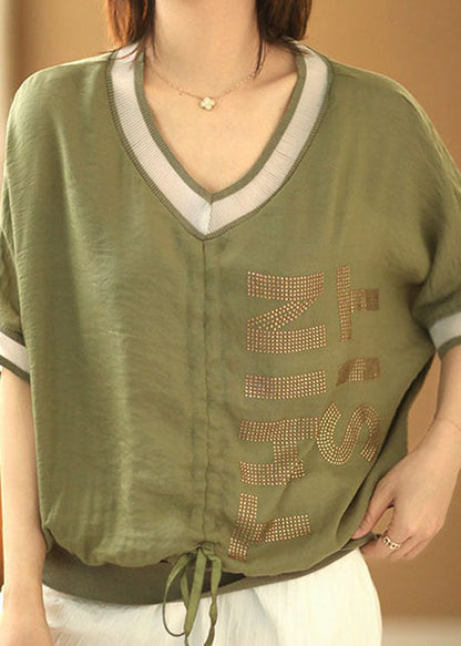 Green V Neck Drawstring Patchwork Shirt Short Sleeve