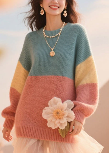 French Colorblock O Neck Knit Sweater Fall