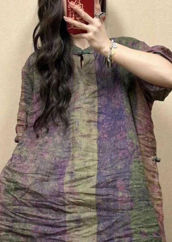 Stand Collar Oriental Button Cotton Mid Dress Summer
