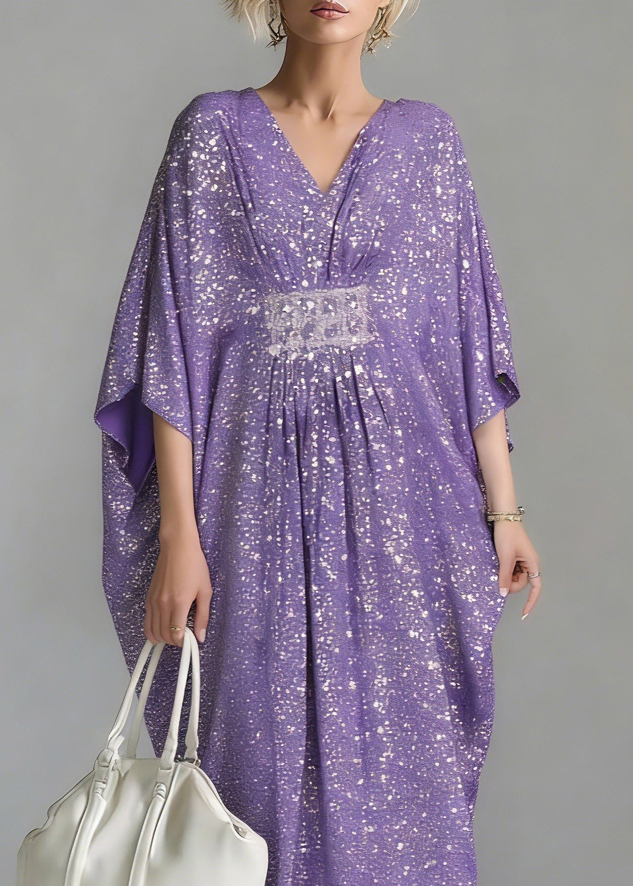 Purple Sequins Tunic Holiday Long Dress Batwing Sleeve