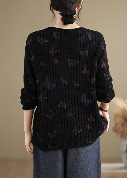 Black O Neck Print Cotton Knit Sweaters Spring