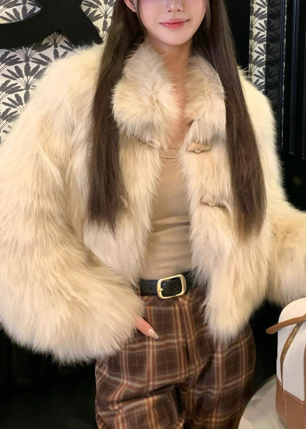 Apricot Patchwork Button Mink Hair Coat Winter