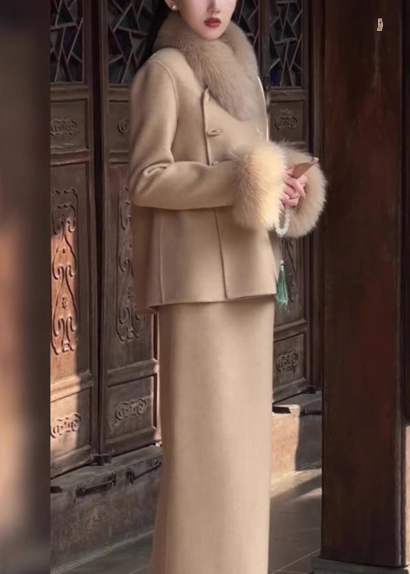 New Light Camel Fur Collar Button Patchwork Woolen Two-piece Set Winter