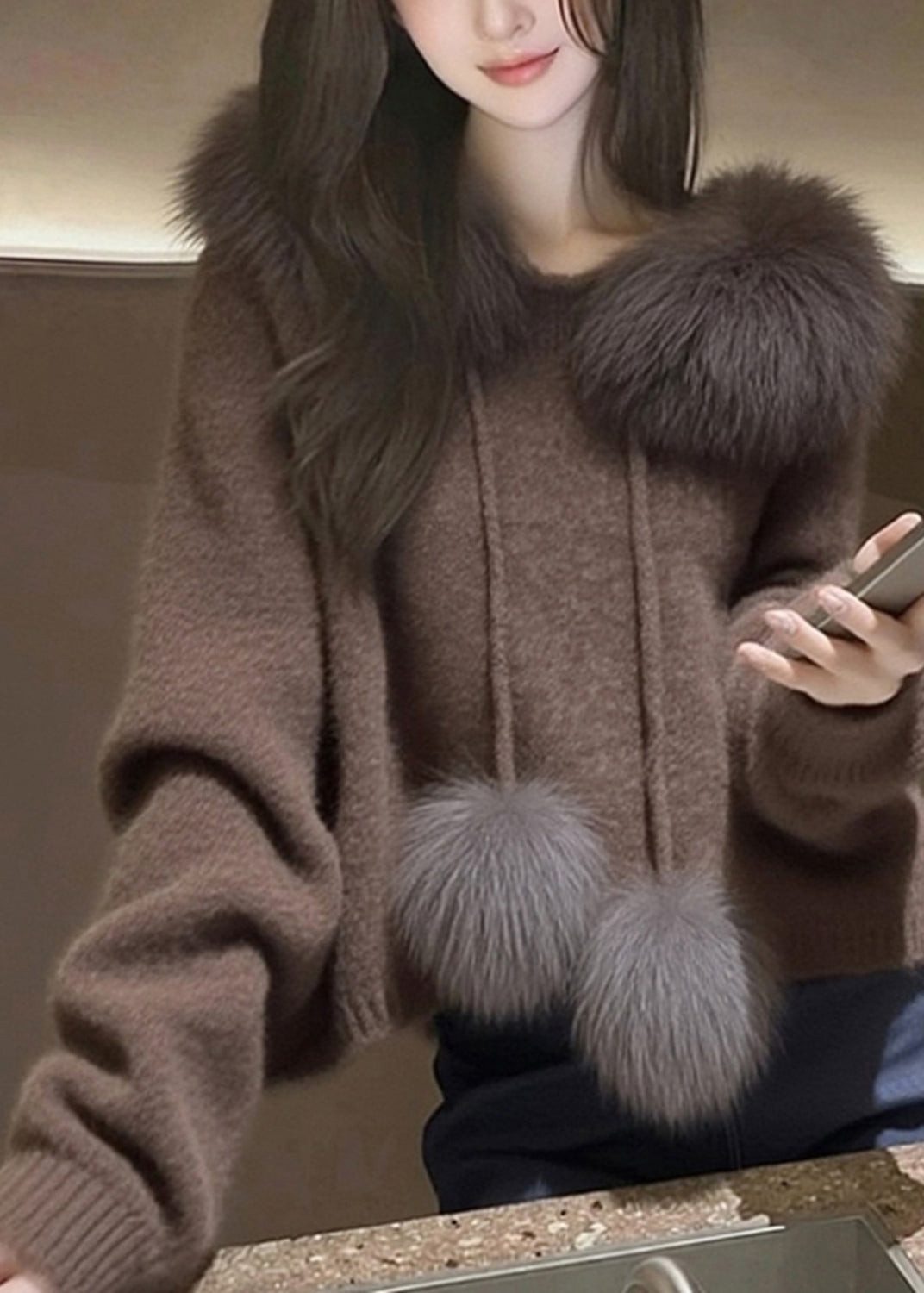 Modern Brown Hooded Patchwork Faux Fur Knit Sweater Tops Spring