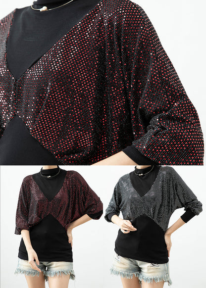 Red Zircon Patchwork Cotton Fake Two Piece Top Fall