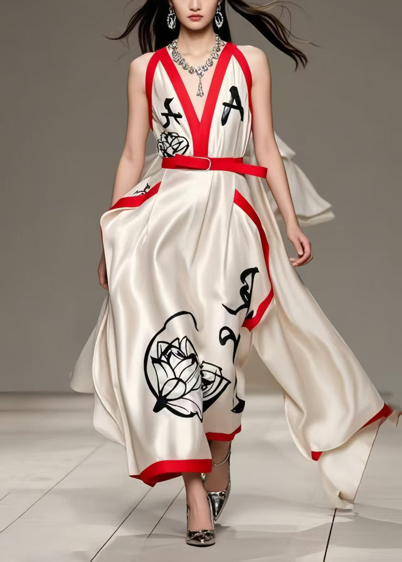 Milk White Asymmetrical Print Silk Holiday Dress Summer