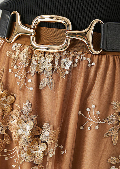 Brown Elastic Waist Embroideried Tulle Skirts Fall