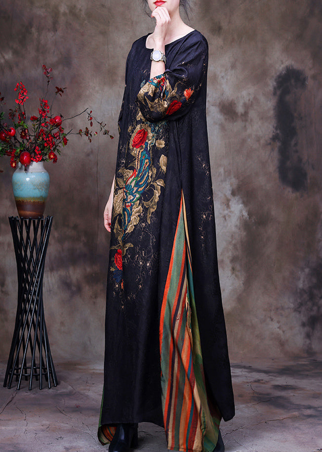 Slim Fit Black Yellow Colour O-neck Print Patchwork Silk Maxi Dress Long Sleeve
