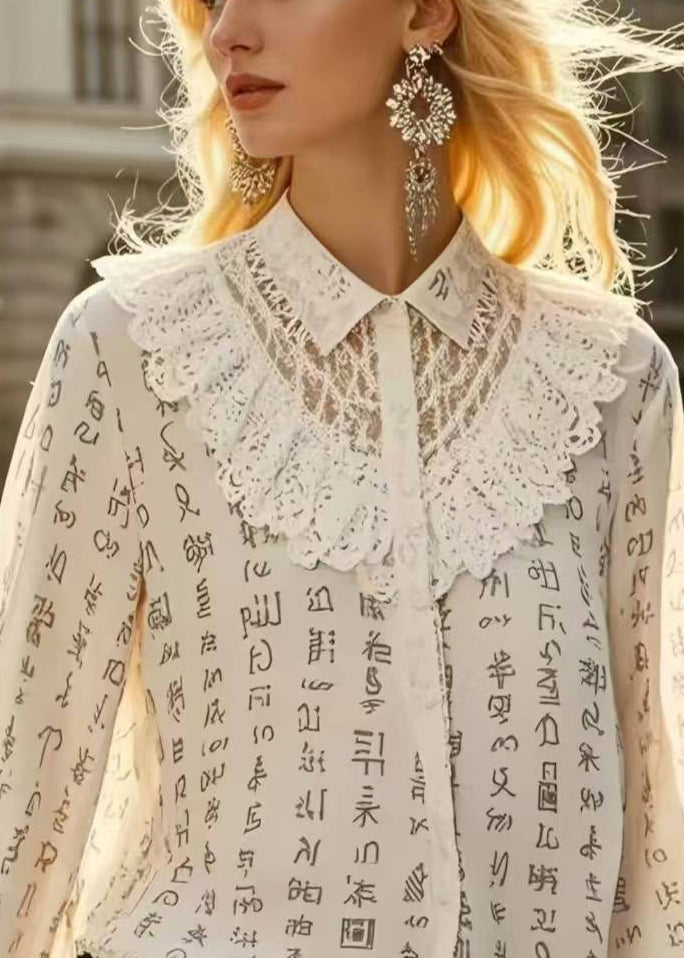 Beige Print Patchwork Lace Hollow Out Shirts Spring
