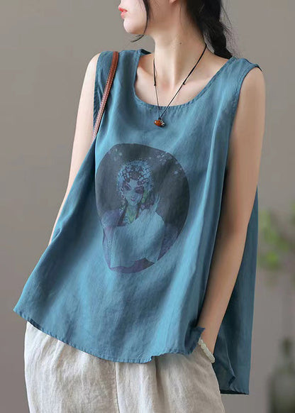 Loose Apricot O-neck Print Linen Tank Sleeveless