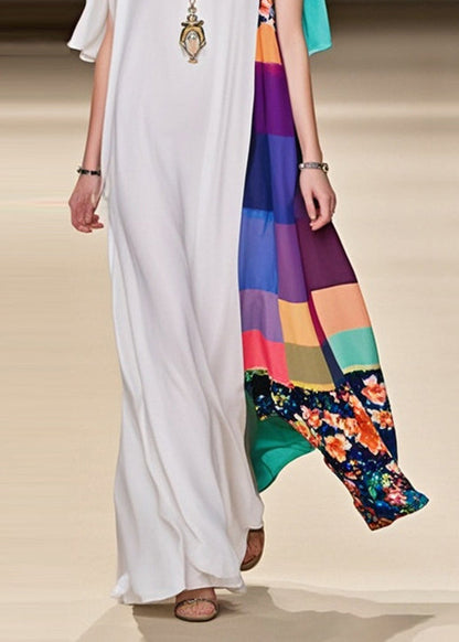 Fine White Asymmetrical Patchwork Cold Shoulder Chiffon Dress Summer