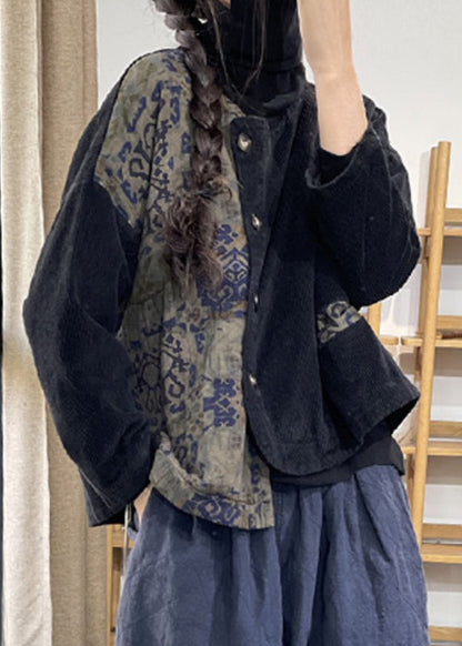 Black Print Asymmetrical Corduroy Fine Cotton Filled Jacket Winter