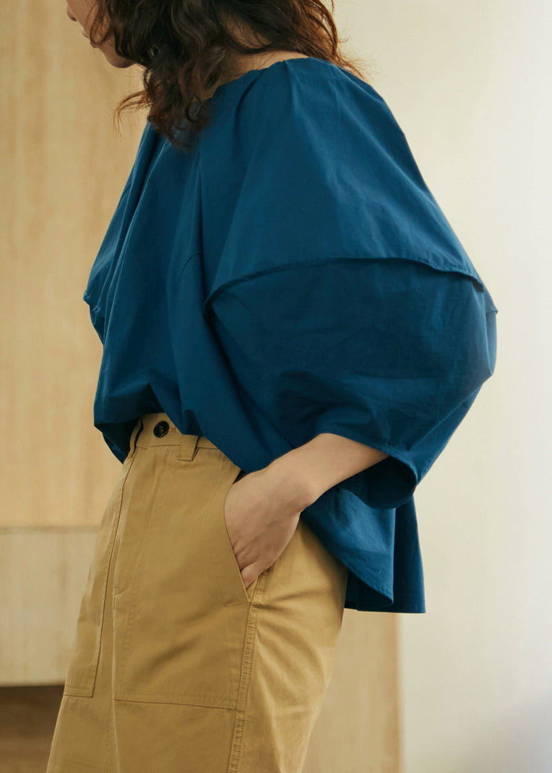 Blue O Neck Cotton Shirts Lantern Sleeve