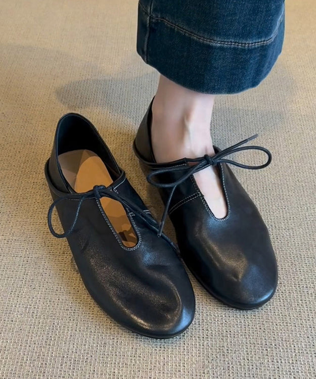 Blue Cowhide Leather Lace Up Splicing Flat Shoes