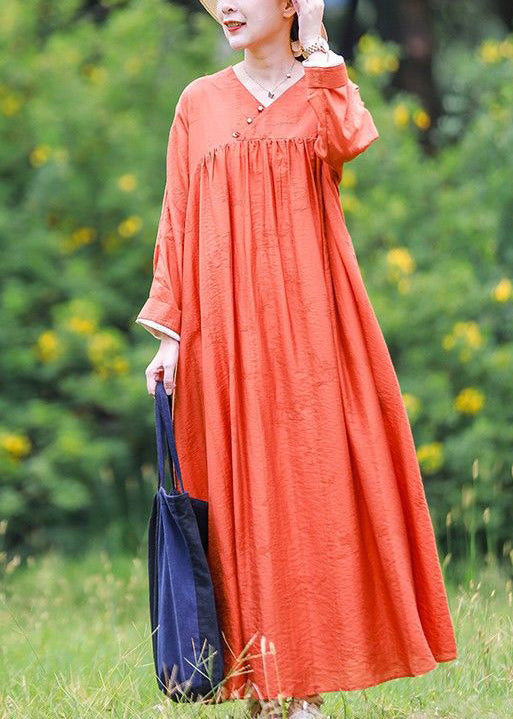 Loose Orange V Neck Cinched Tie Waist Long Dresses Long Sleeve