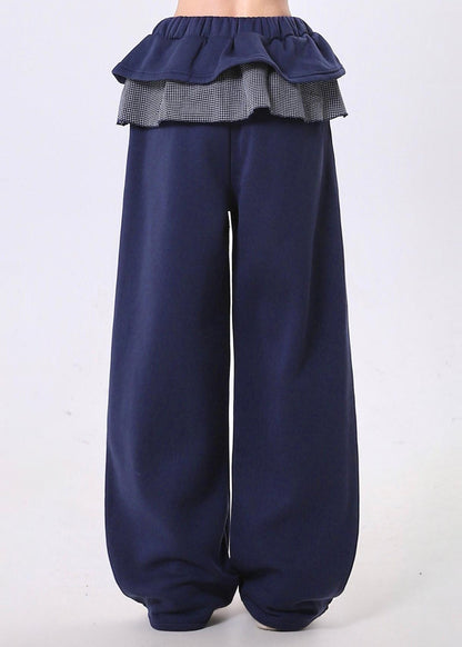 Navy Elastic Waist Patchwork Ruffles Cotton Pants Spring