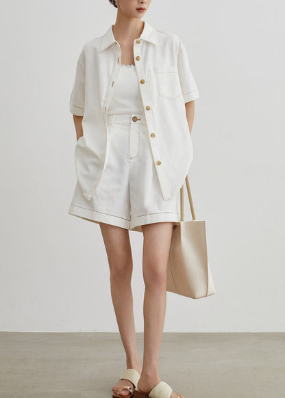 Modern White Peter Pan Collar Denim Two Pieces Set Summer