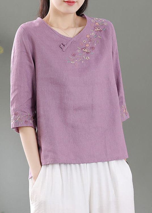 Purple Patchwork Linen Shirt Top O-neck Embroideried Three Quarter Sleeve