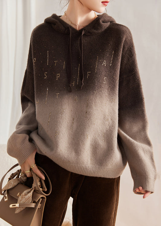 Khaki Hooded Gradient Color Knit Sweatshirts Top Winter