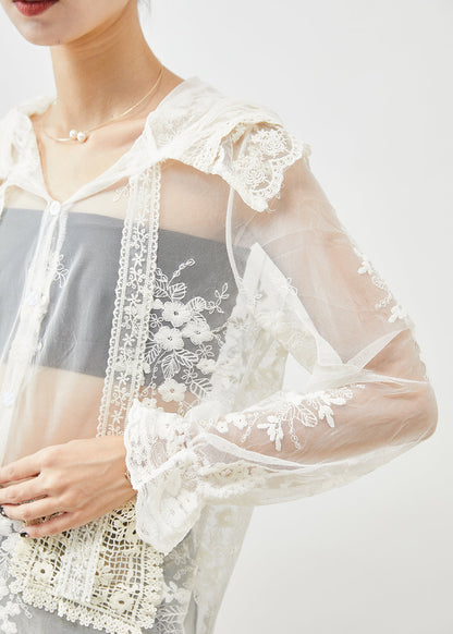 White Hooded Embroideried Patchwork Tulle Upf 50+ Coats Fall