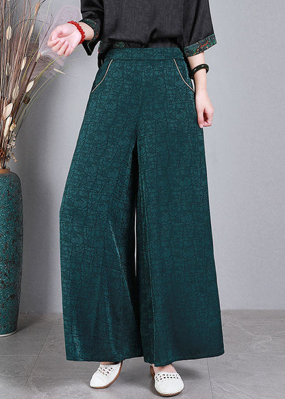 Green Elastic Waist Pockets Wrinkled Silk Wide Leg Pants Summer