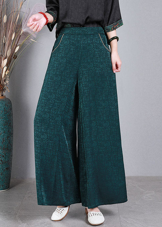 Green Elastic Waist Pockets Wrinkled Silk Wide Leg Pants Summer