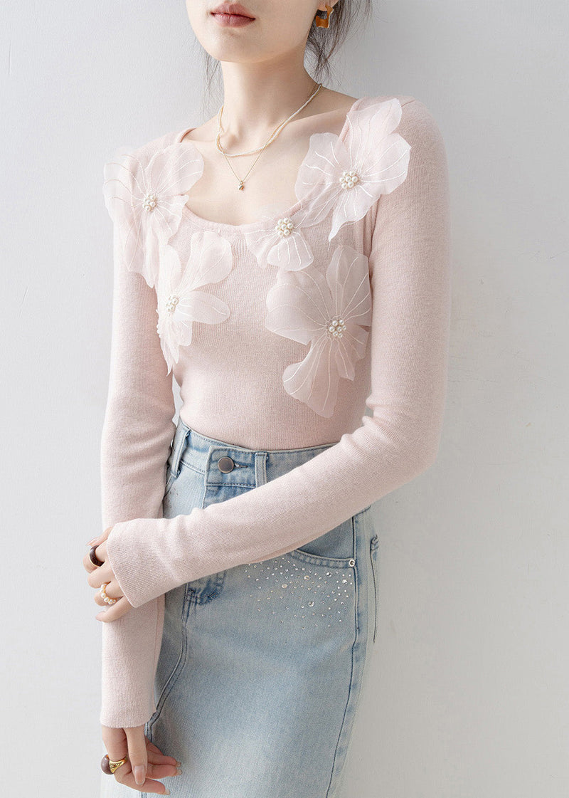 Slim Fit Pink O Neck Nail Bead Knit Top Spring