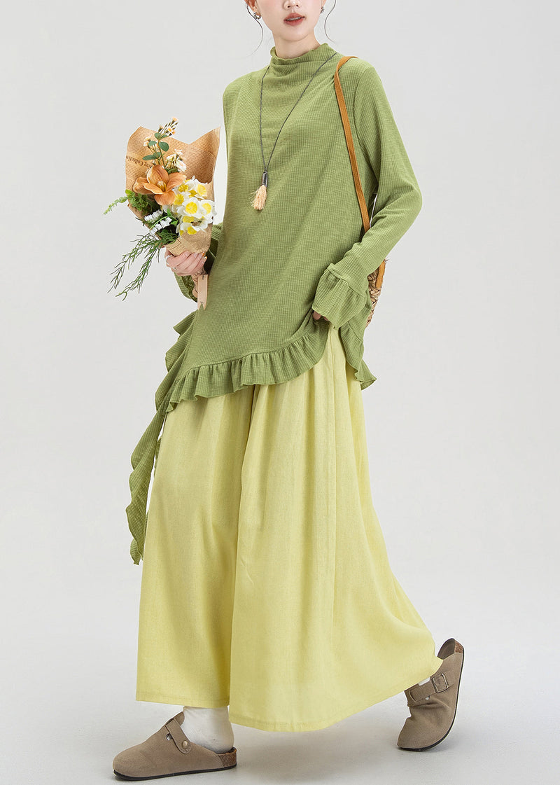 Green Ruffled Asymmetrical Cotton Two Piece Set Fall