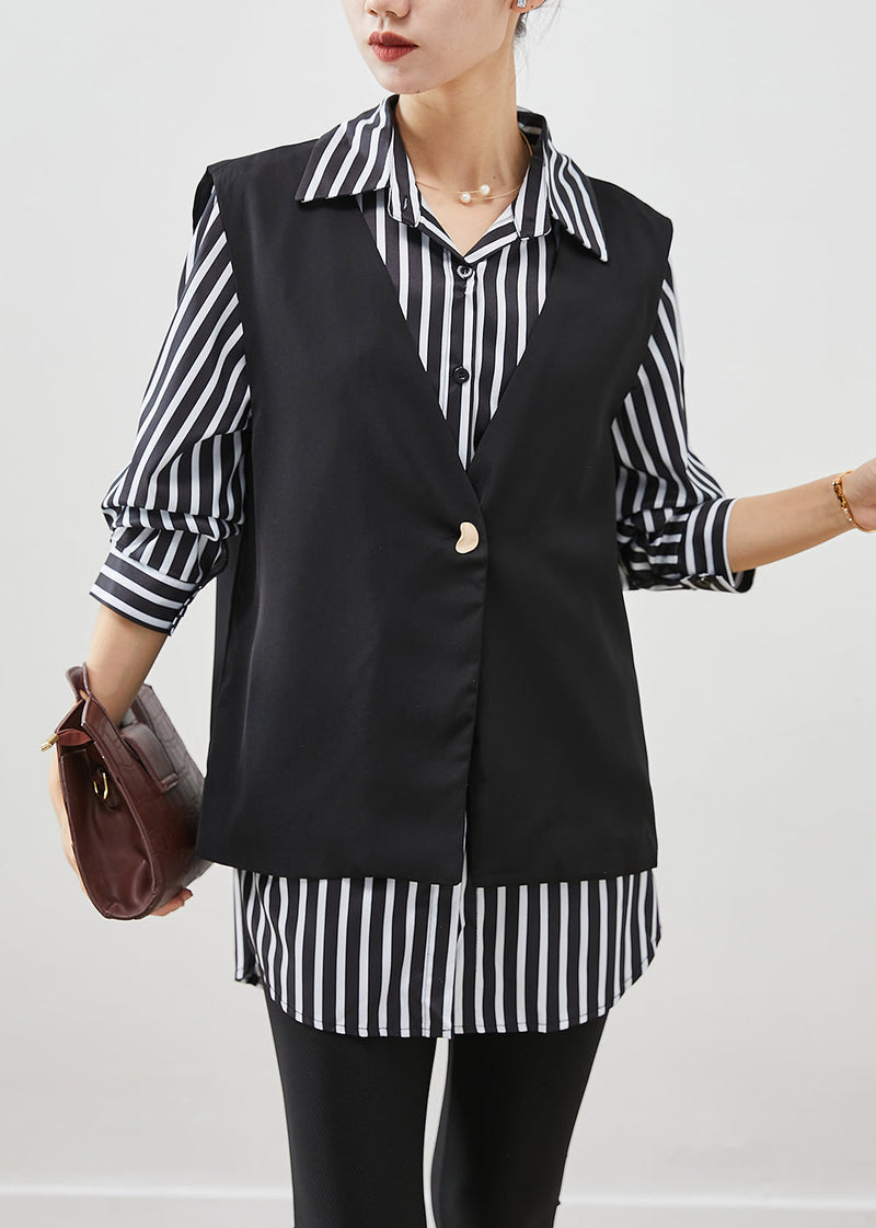 Classy Black Oversized Striped Cotton Vest and Shirt Two Piece Set Fall