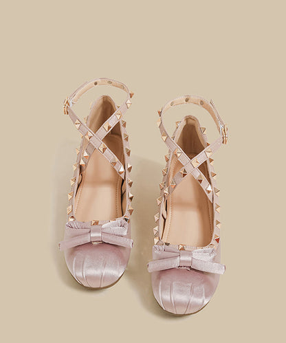 Boutique Rivet Splicing Wedge Shoes Pink Satin Bow