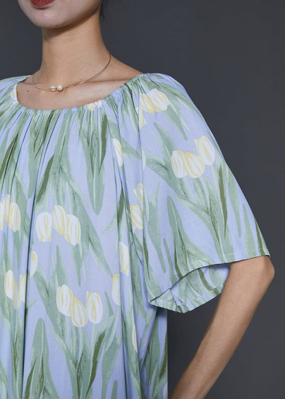 Light Blue Print Cotton Beach Dresses Summer