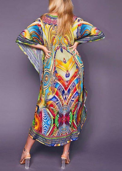 Fine Print Tie Chiffon Loose Kimono Robe Maxi Dress
