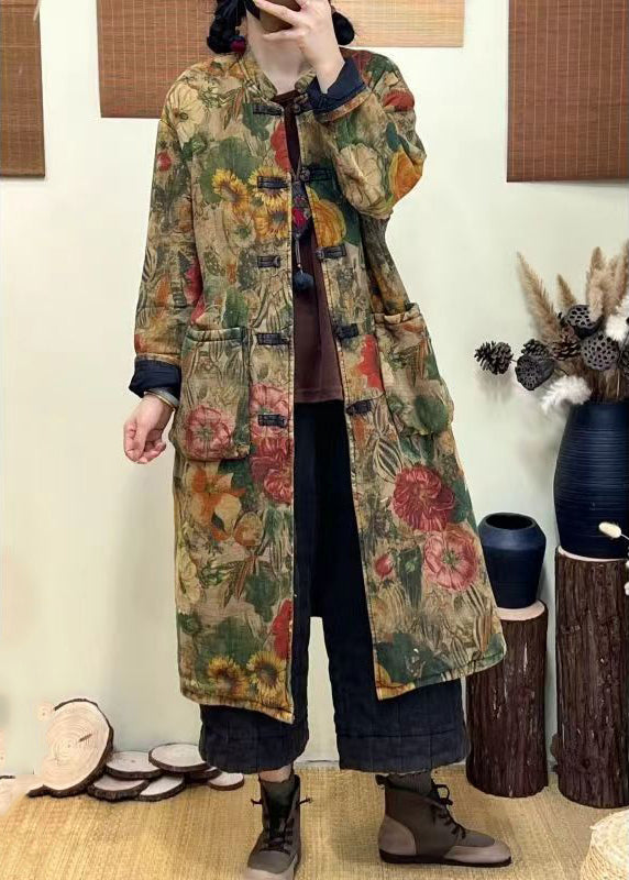 Green Pockets Print Chinese Button Fine Cotton Filled Coat Winter