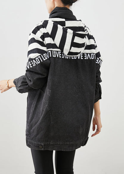 Black Hooded Patchwork Striped Fine Cotton Filled Denim Jacket Witner