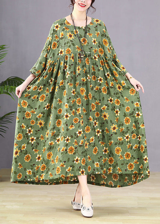 Handmade Green O-neck Patchwork Maxi Dresses Bracelet Sleeve