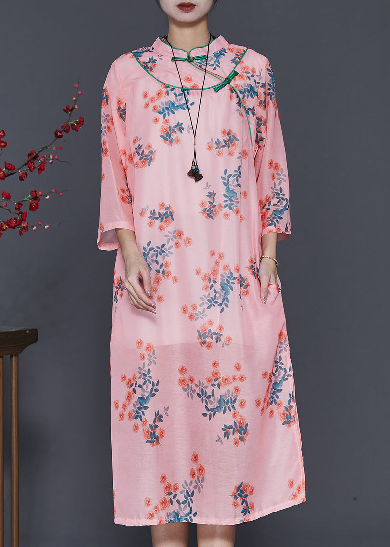 Pink Print Oriental Linen Holiday Dress Summer