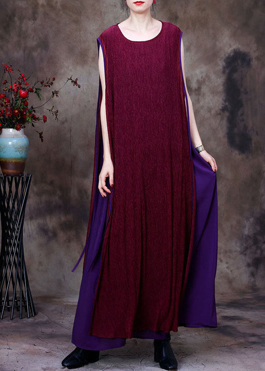 Purple Patchwork O-neck Silk Fake Two Piece Long Dresses Sleeveless