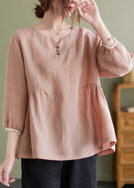 Brief Pink O-neck Wrinkled Button Top Long Sleeve