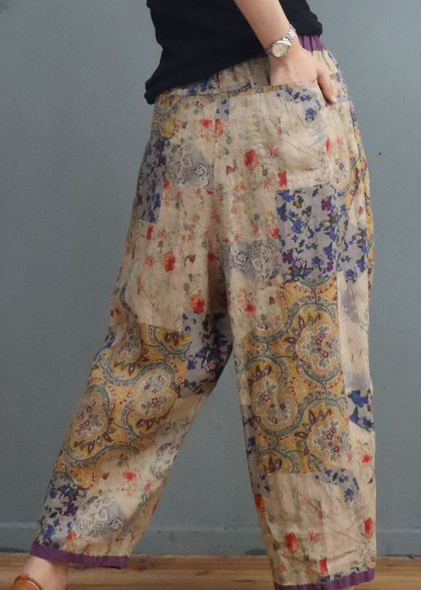 Diy Square Flower Elastic Waist Print Pants Spring
