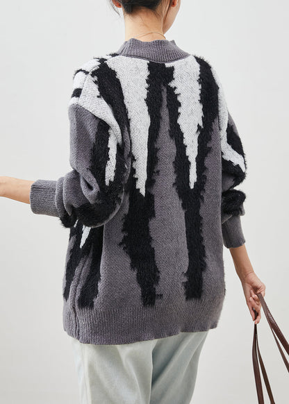 Diy Grey Oversized Jacquard Knit Pullover Winter