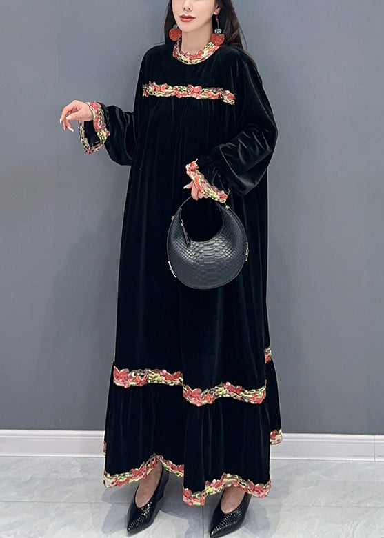 Black Patchwork Silk Velour Stand Collar Long Dress Spring