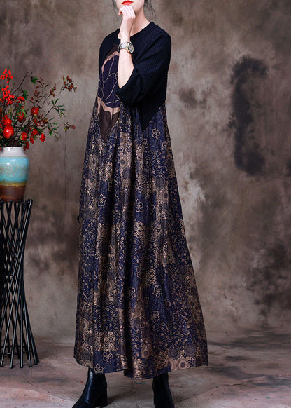Stylish Purple O-neck Asymmetrical Patchwork Print Silk Dress Long Sleeve