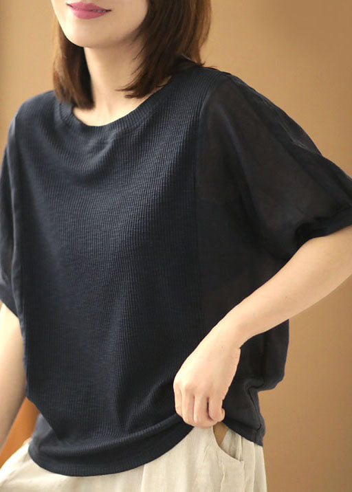 Navy Color O-neck Knit Patchwork Linen Shirt Short Sleeve